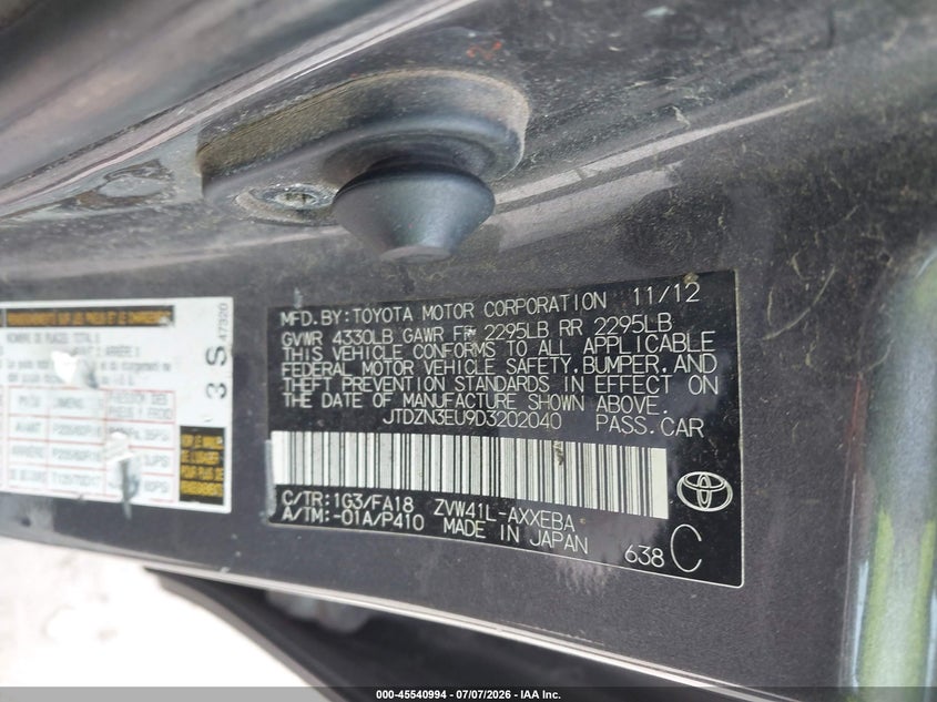 2013 Toyota Prius v VIN JTDZN3EU9D3202040 IAAI salvage auction — NORMAL WEAR, Clear (Indiana), sold $1,200 on 2026-07-10 (photo 9)