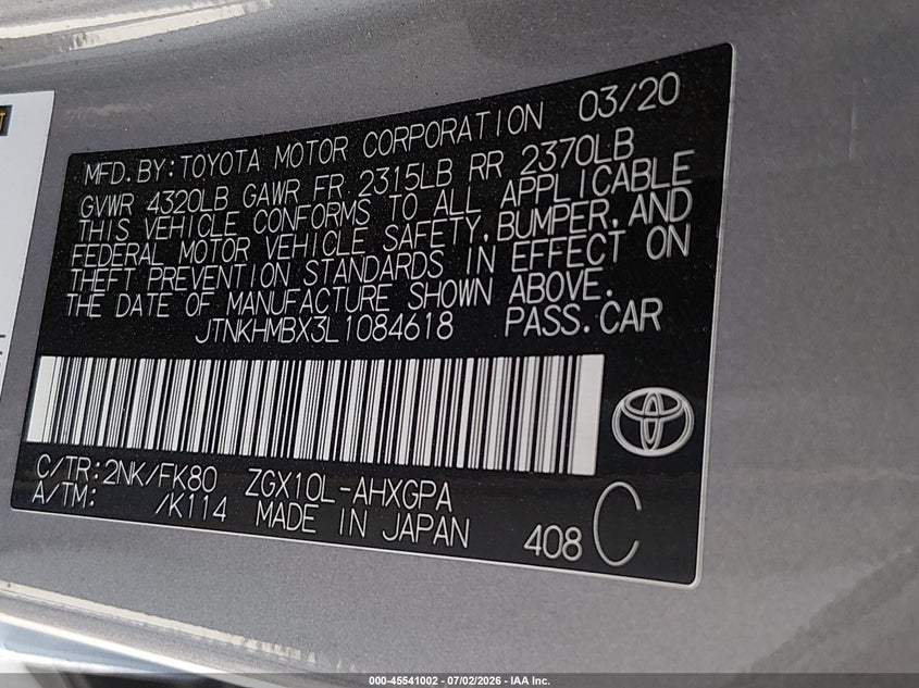 2020 Toyota C-hr VIN JTNKHMBX3L1084618 IAAI salvage auction — LEFT SIDE, Salvage (Texas), sold $3,150 on 2026-07-28 (photo 9)