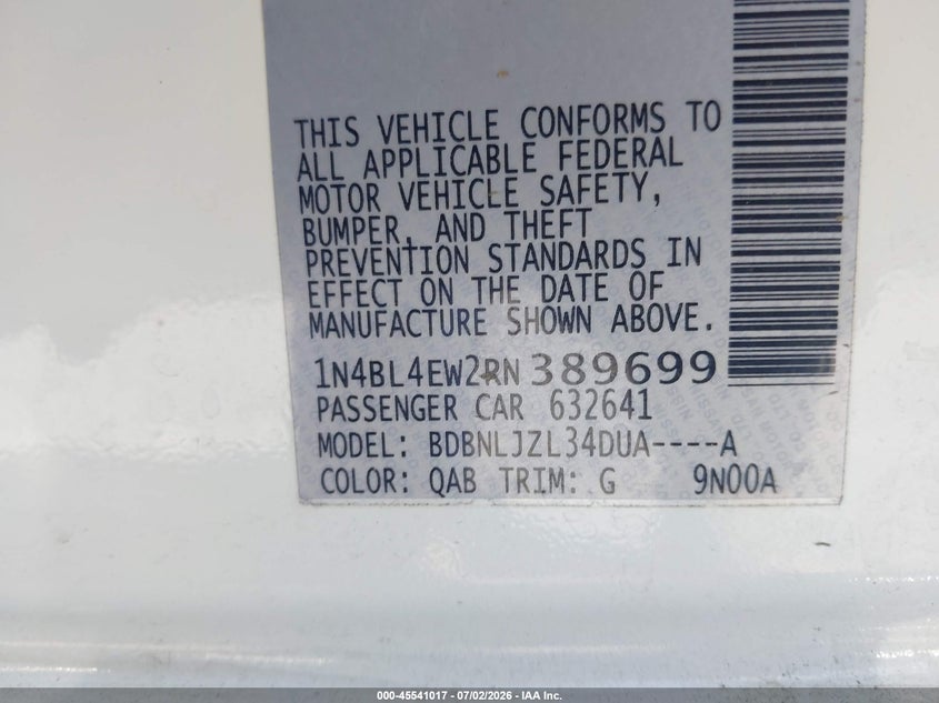 2024 Nissan Altima VIN 1N4BL4EW2RN389699 IAAI salvage auction — LEFT SIDE, Wait Title, sold $8,800 on 2026-08-20 (photo 9)