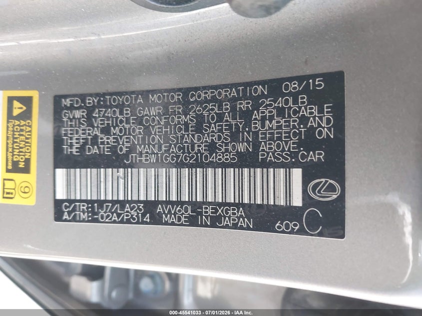 2016 Lexus VIN JTHBW1GG7G2104885 IAAI salvage auction — FRONT END, Salvage (California), sold $25 on 2026-08-02 (photo 9)