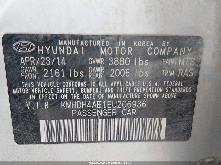 2014 Hyundai Elantra VIN KMHDH4AE1EU206936 IAAI salvage auction — VANDALISM, Clear (Florida), sold $425 on 2026-07-29 (photo 9)