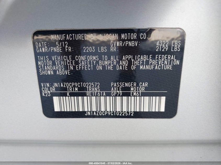 2012 Nissan Leaf VIN JN1AZ0CP9CT022572 IAAI salvage auction — SIDE, Rebuildable (Florida), sold $225 on 2026-07-30 (photo 9)