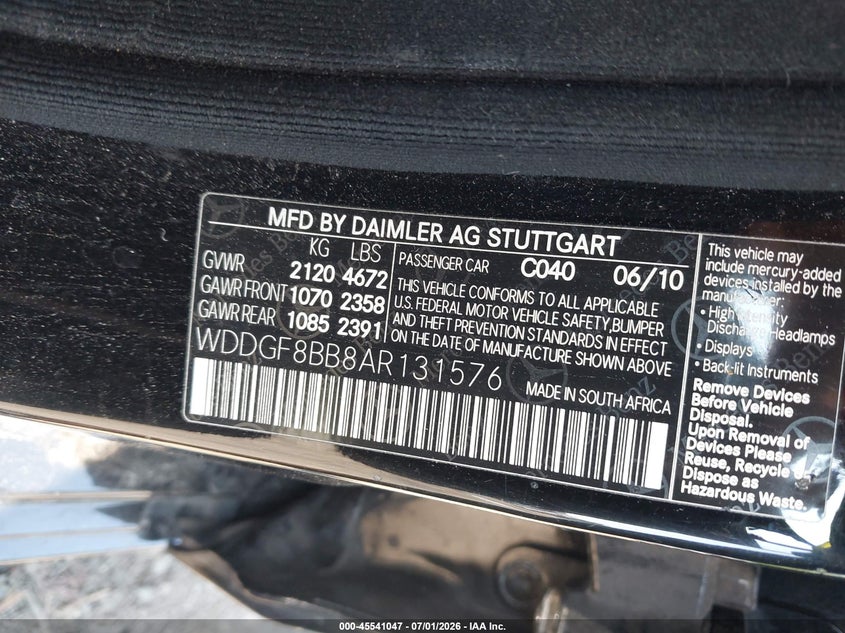 2010 Mercedes-benz C class VIN WDDGF8BB8AR131576 IAAI salvage auction — NORMAL WEAR, Clear (New Jersey), sold $450 on 2026-07-28 (photo 9)