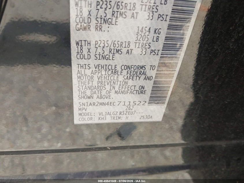 2014 Nissan Pathfinder VIN 5N1AR2MN4EC711522 IAAI salvage auction — NORMAL WEAR, Original (Texas), sold $425 on 2026-07-19 (photo 9)