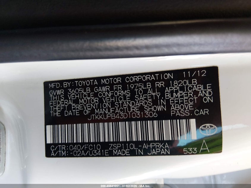 2013 Scion Xd VIN JTKKUPB43D1031306 IAAI salvage auction — REAR END, Salvage Title, sold $2,150 on 2026-07-28 (photo 9)