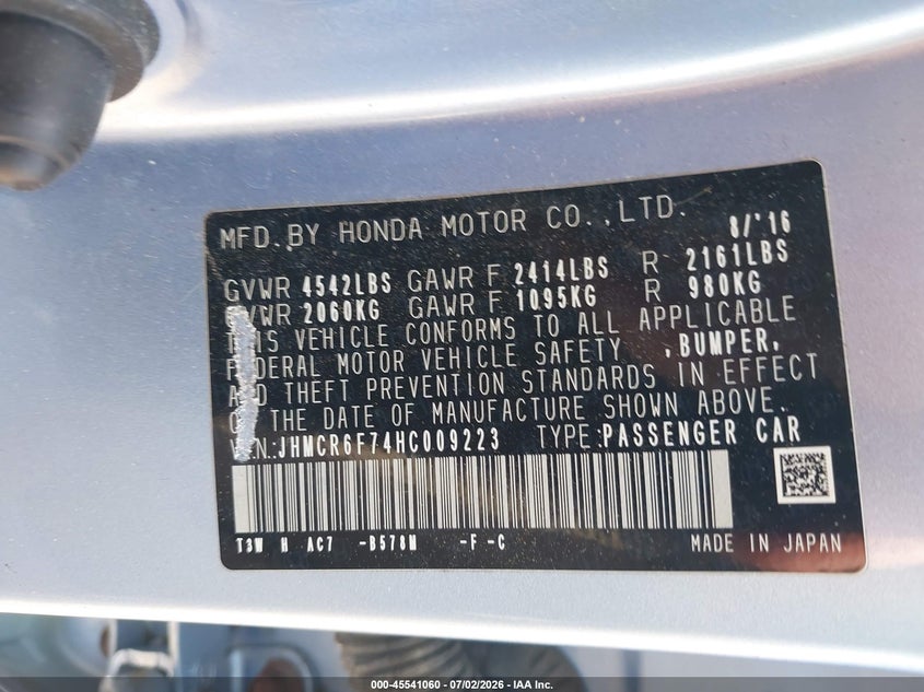 2017 Honda Accord VIN JHMCR6F74HC009223 IAAI salvage auction — FRONT END, Salvage (Pennsylvania), sold $25 on 2026-07-31 (photo 9)