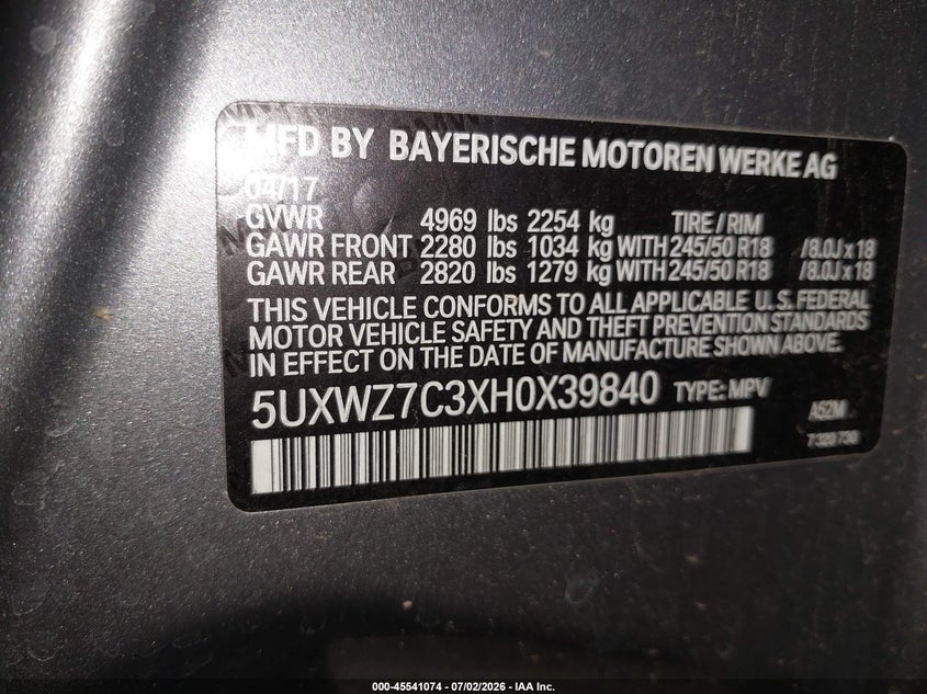 2017 BMW X3 VIN 5UXWZ7C3XH0X39840 IAAI salvage auction — REAR END, Wait Title, sold $4,150 on 2026-08-03 (photo 9)