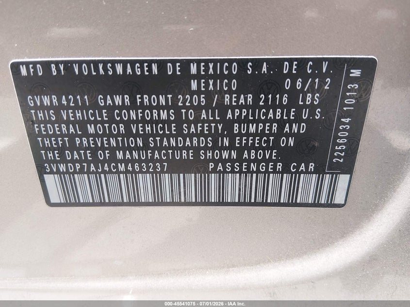 2012 Volkswagen Jetta VIN 3VWDP7AJ4CM463237 IAAI salvage auction — LEFT FRONT, Salvage Title, sold $2,200 on 2026-08-09 (photo 9)