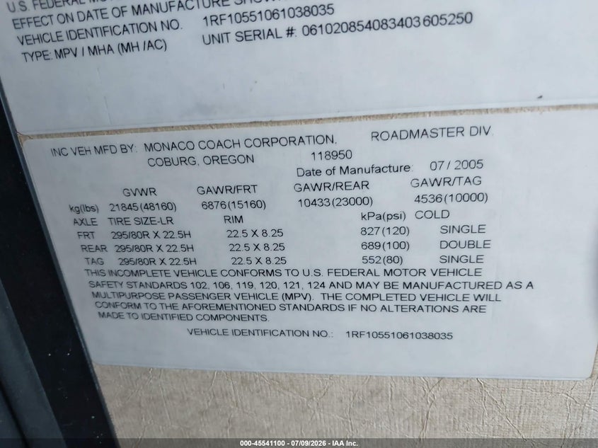 2006 Roadmaster rail Monocoque VIN 1RF10551061038035 IAAI salvage auction — FRONT END, Salvage (Arizona), sold $1,100 on 2026-07-21 (photo 9)