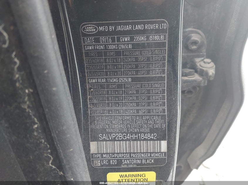 2017 Land rover Range rover evoque VIN SALVP2BG4HH184842 IAAI salvage auction — LEFT FRONT, Salvage (Tennessee), sold $875 on 2026-08-27 (photo 9)