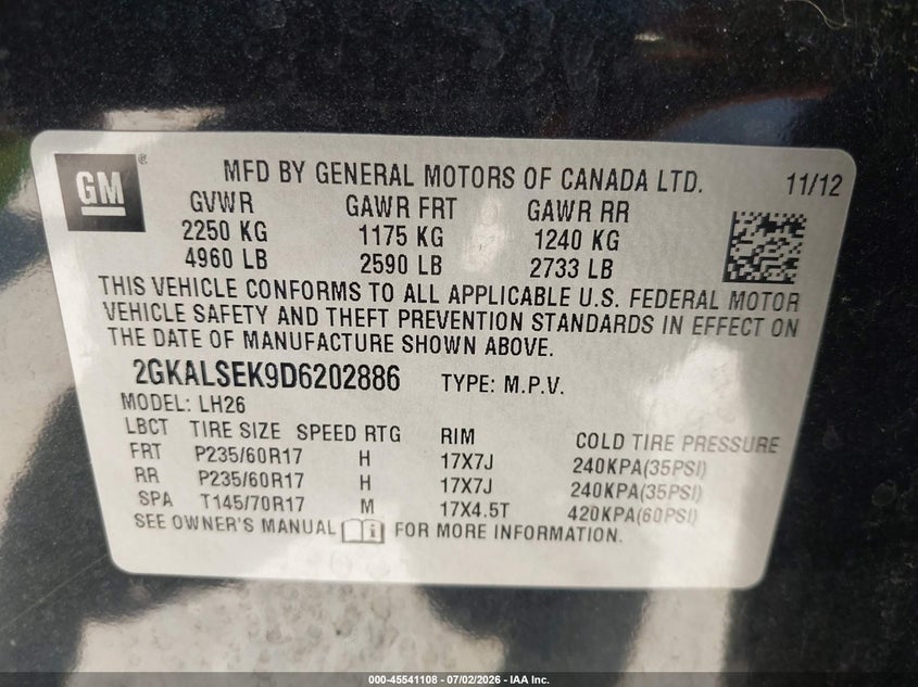 2013 Gmc Terrain VIN 2GKALSEK9D6202886 IAAI salvage auction — RIGHT FRONT, Salvage (Texas), sold $875 on 2026-07-12 (photo 9)