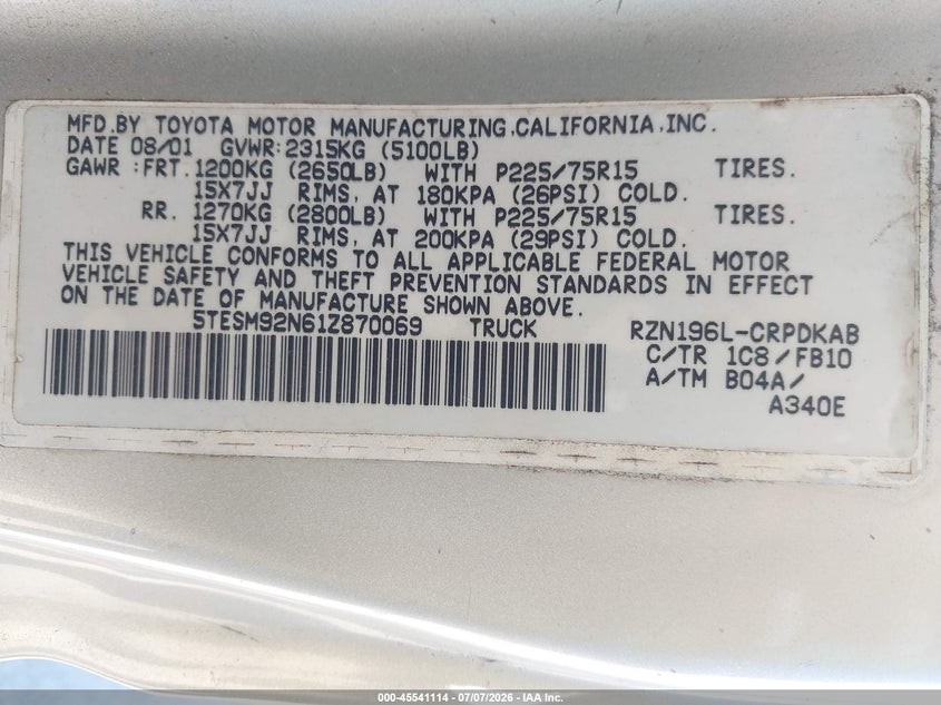 2001 Toyota Tacoma VIN 5TESM92N61Z870069 IAAI salvage auction — NORMAL WEAR, Clear - Dealer Only (California), sold $2,200 on 2026-07-15 (photo 9)