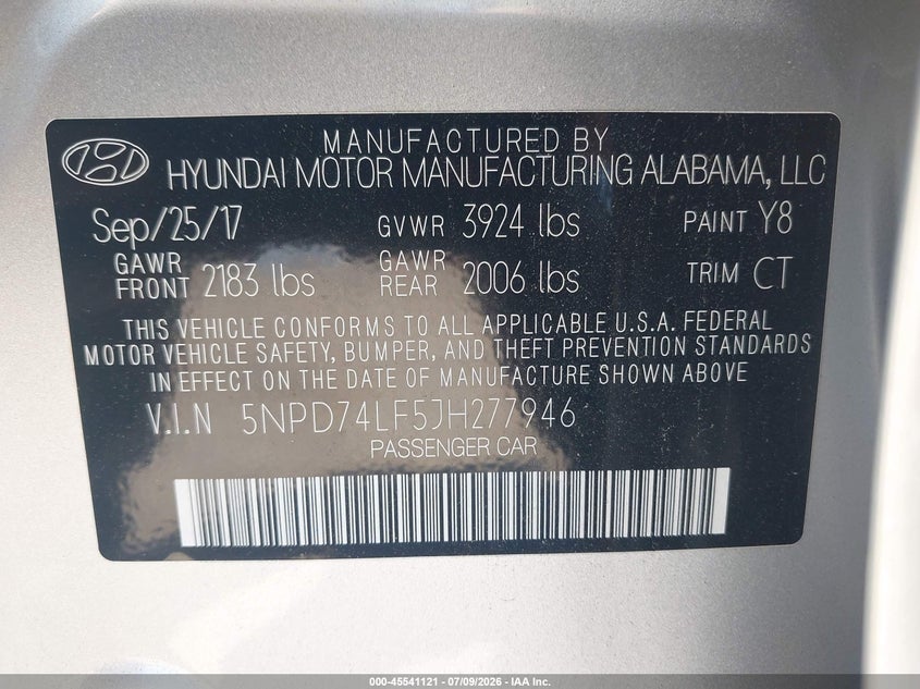 2018 Hyundai Elantra VIN 5NPD74LF5JH277946 IAAI salvage auction — RIGHT FRONT, Salvage (Idaho), sold $1,650 on 2026-07-22 (photo 9)