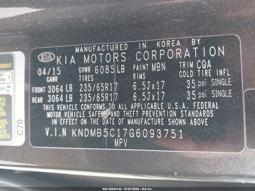 2016 Kia SEDONA VIN KNDMB5C17G6093751 IAAI salvage auction — SIDE, Original (Texas), sold $1,225 on 2026-07-30 (photo 9)
