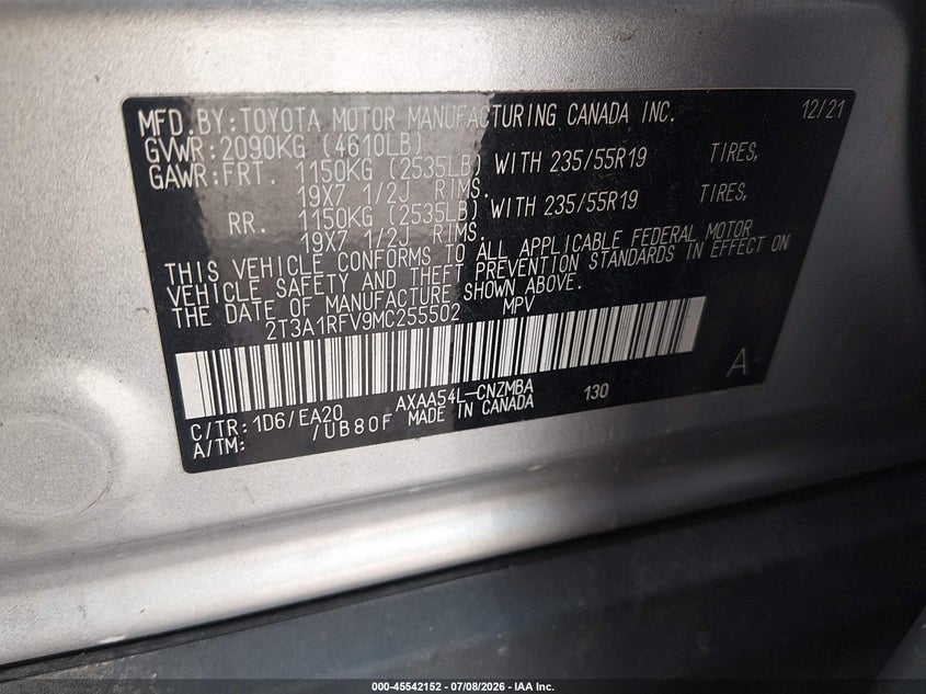 2021 Toyota Rav 4 VIN 2T3A1RFV9MC255502 IAAI salvage auction — FRONT END, Salvage (Indiana), sold $9,200 on 2026-08-22 (photo 9)