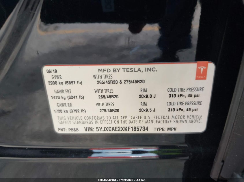 2019 Tesla Model x VIN 5YJXCAE2XKF185734 IAAI salvage auction — FRONT END, Rebuildable (Florida), sold $4,500 on 2026-07-29 (photo 9)