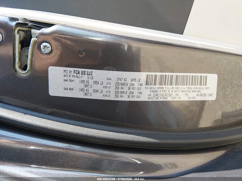 2018 Chrysler Pacifica VIN 2C4RC1FG6JR315871 IAAI salvage auction — MECHANICAL, Salvage Title, sold $3,550 on 2026-08-21 (photo 9)