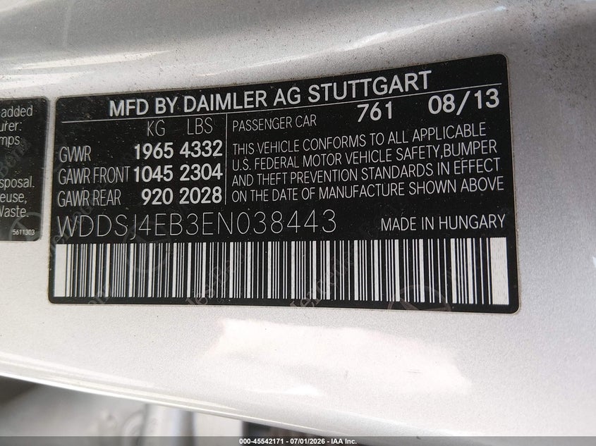 2014 Mercedes-benz VIN WDDSJ4EB3EN038443 IAAI salvage auction — LEFT SIDE, Clear - Dealer Only (California), sold $1,850 on 2026-07-21 (photo 9)