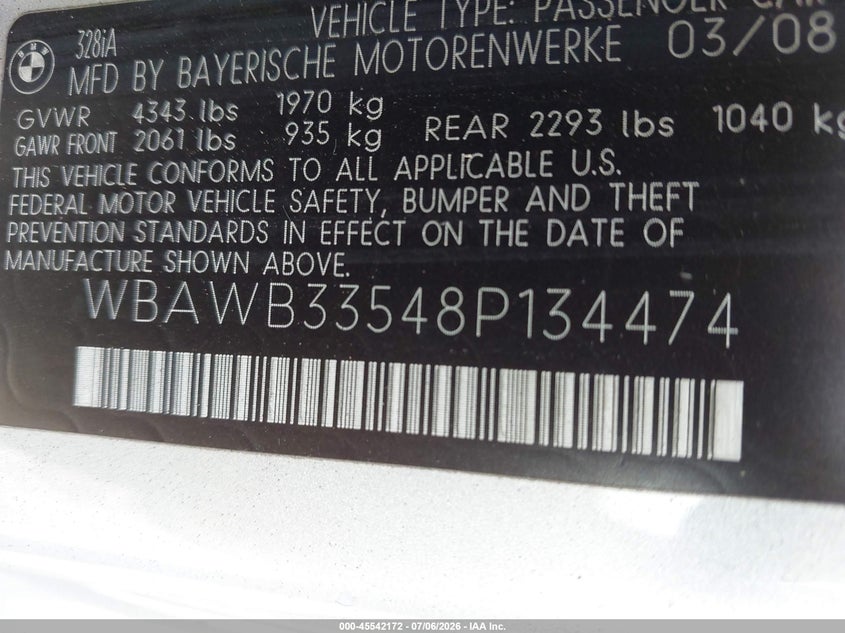 2008 BMW 3 series VIN WBAWB33548P134474 IAAI salvage auction — FRONT END, Clear (Virginia), sold $550 on 2026-07-30 (photo 9)