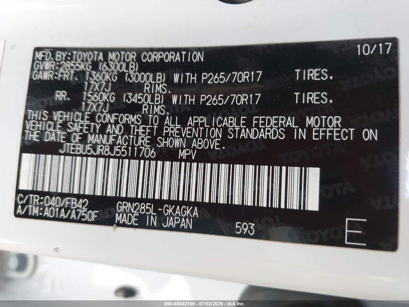 2018 Toyota 4runner VIN JTEBU5JR8J5511706 IAAI salvage auction — RIGHT FRONT, Salvage Title, sold $6,800 on 2026-07-20 (photo 9)