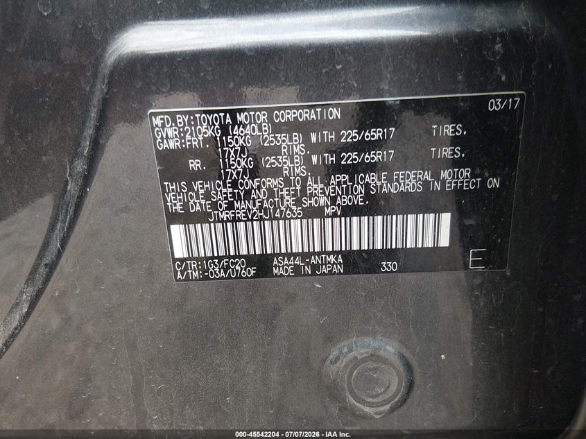 2017 Toyota Rav 4 VIN JTMRFREV2HJ147635 IAAI salvage auction — NO DAMAGE, Salvage Title, sold $4,100 on 2026-07-23 (photo 9)