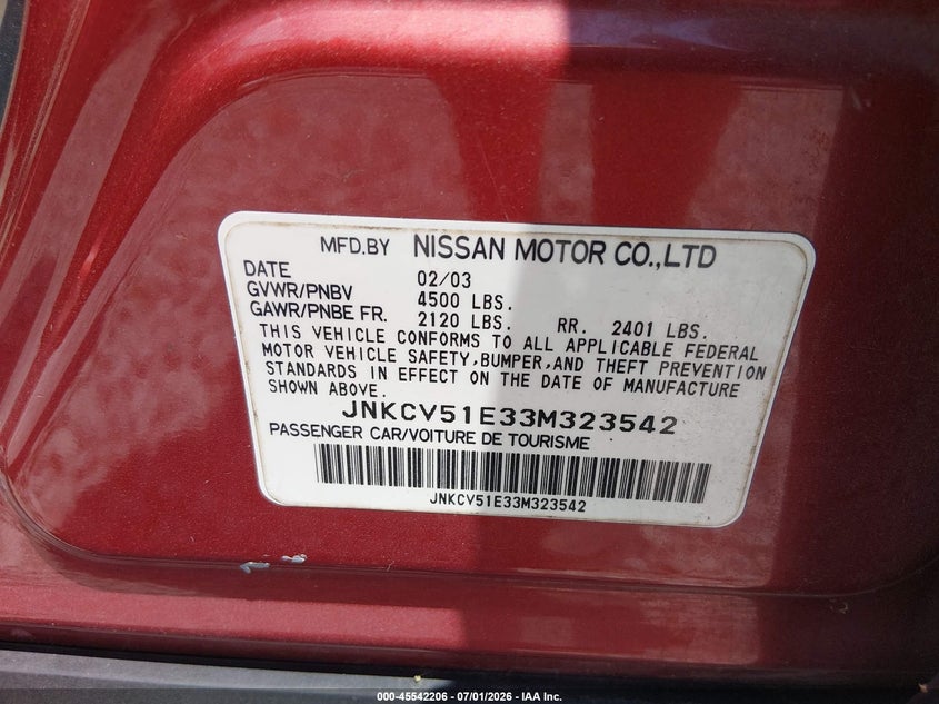 2003 Infiniti G35 VIN JNKCV51E33M323542 IAAI salvage auction — LEFT FRONT, Clear (Alabama), sold $125 on 2026-07-20 (photo 9)
