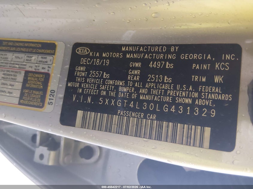 2020 Kia Optima VIN 5XXGT4L30LG431329 IAAI salvage auction — WATER/FLOOD, Salvage (Texas), sold $1,875 on 2026-07-24 (photo 9)