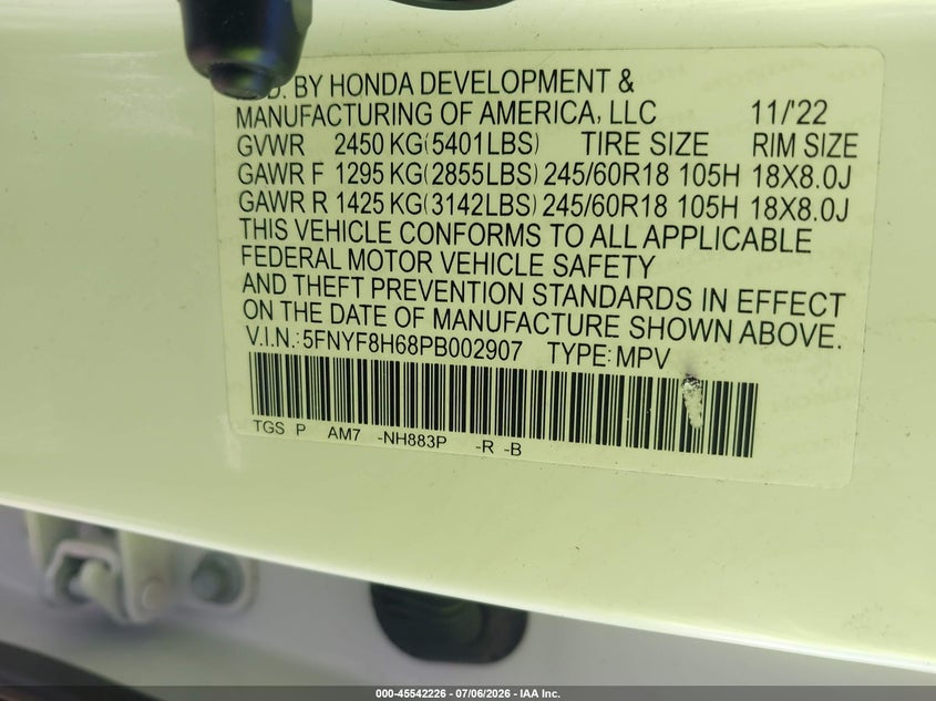 2023 Honda Passport VIN 5FNYF8H68PB002907 IAAI salvage auction — FRONT END, Wait Title, sold $9,050 on 2026-08-26 (photo 9)