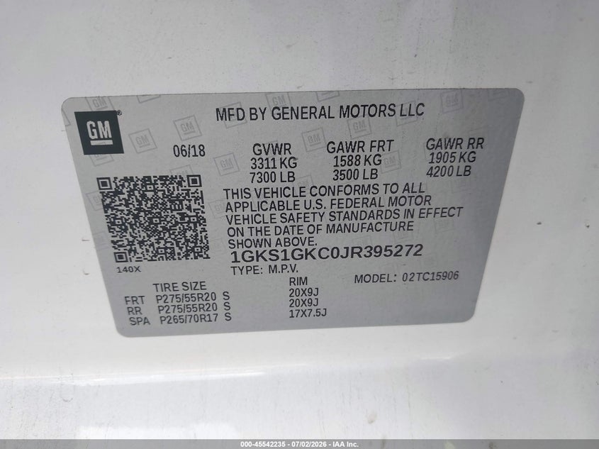 2018 Gmc Yukon VIN 1GKS1GKC0JR395272 IAAI salvage auction — FRONT END, Salvage Title, sold $5,200 on 2026-08-31 (photo 9)