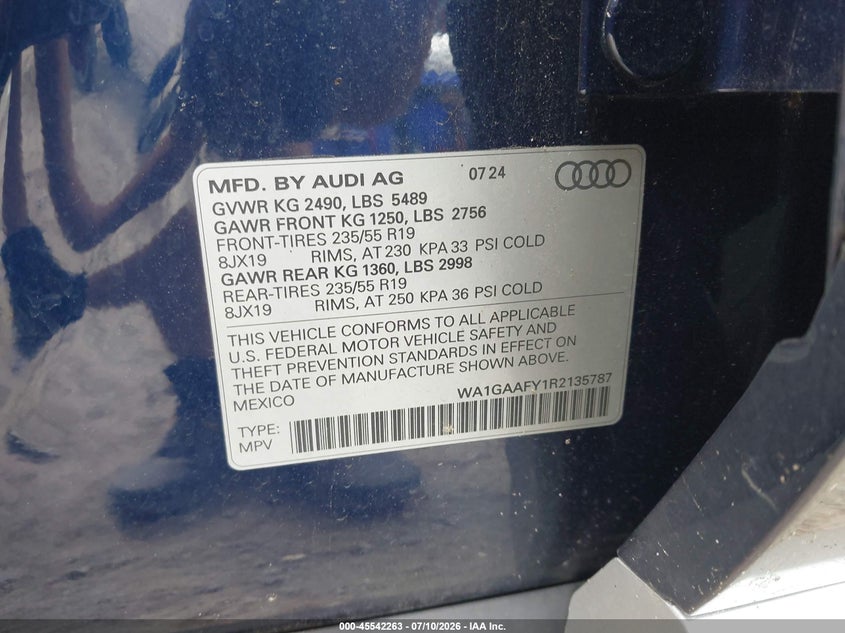 2024 Audi Q5 VIN WA1GAAFY1R2135787 IAAI salvage auction — REAR END, Salvage (Massachusetts), sold $8,900 on 2026-08-28 (photo 9)