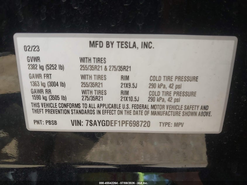 2023 Tesla Model y VIN 7SAYGDEF1PF698720 IAAI salvage auction — SIDE, Salvage Title, sold $8,400 on 2026-08-02 (photo 9)