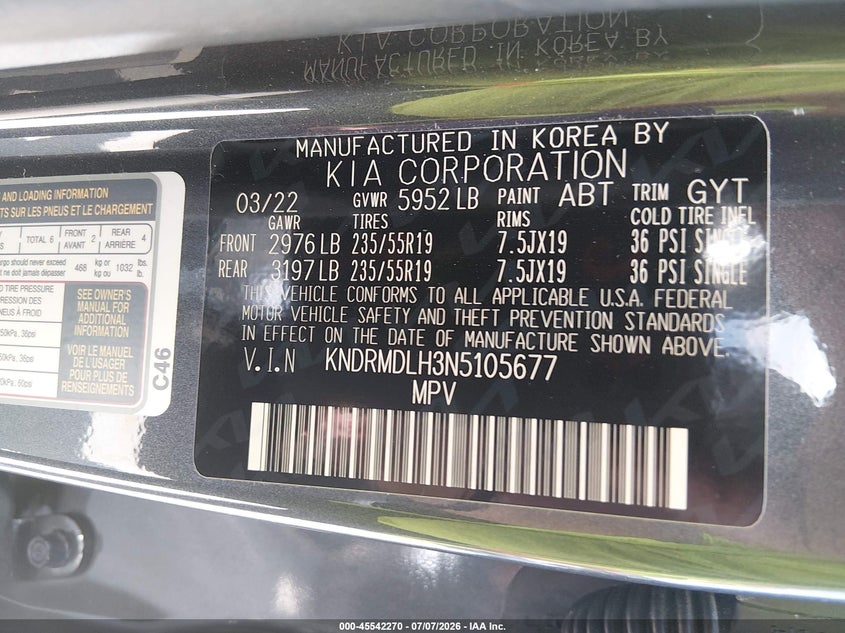 2022 Kia Sorento VIN KNDRMDLH3N5105677 IAAI salvage auction — FRONT END, Salvage Title, sold $10,100 on 2026-08-02 (photo 9)