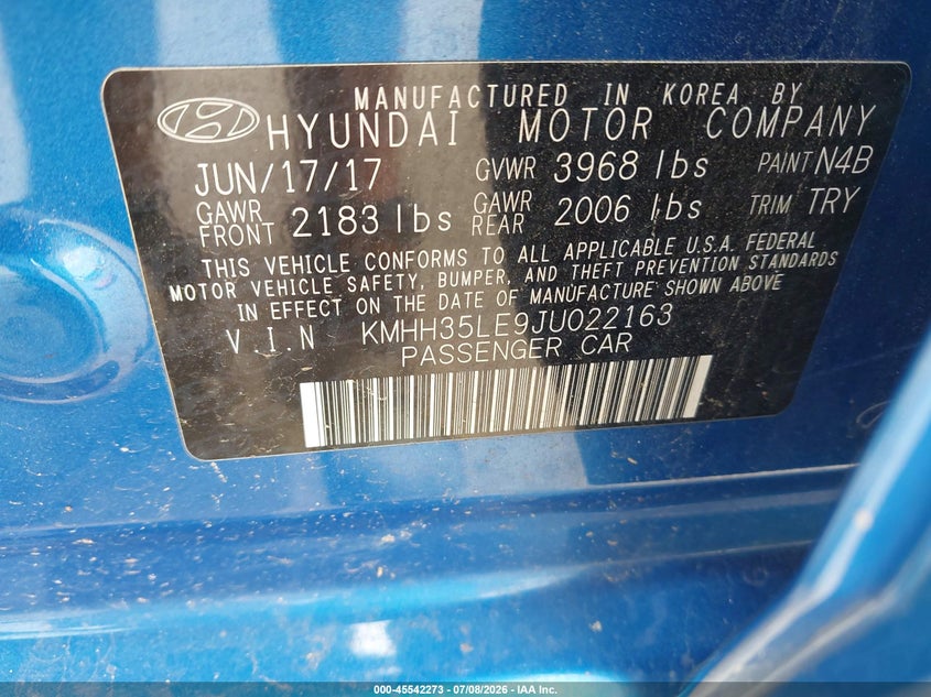 2018 Hyundai Elantra VIN KMHH35LE9JU022163 IAAI salvage auction — FRONT END, Clear (Virginia), sold $1,700 on 2026-07-24 (photo 9)