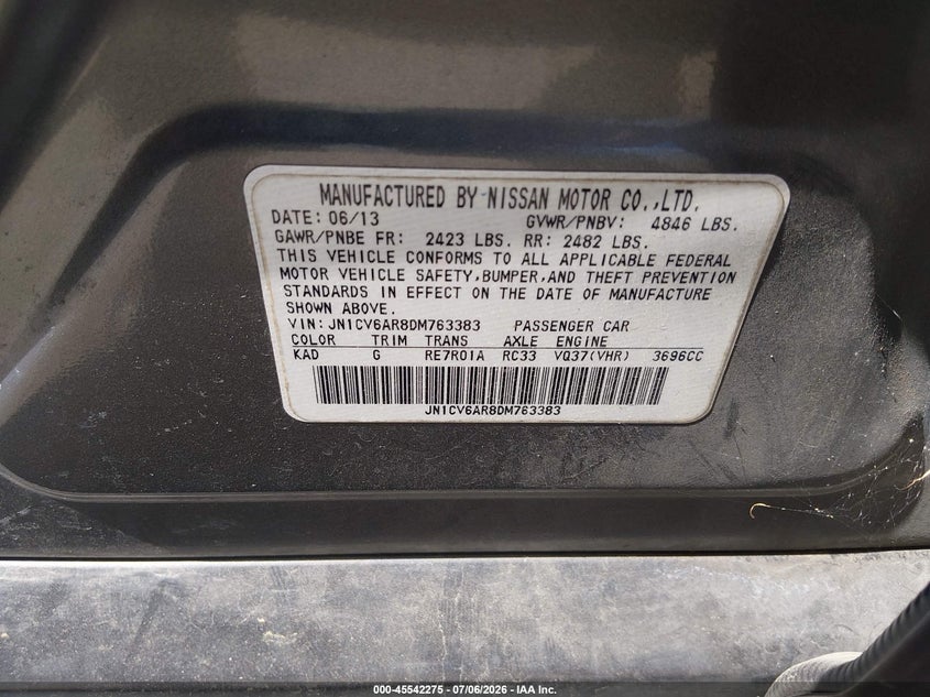 2013 Infiniti G VIN JN1CV6AR8DM763383 IAAI salvage auction — FRONT END, Salvage (Mississippi), sold $650 on 2026-07-30 (photo 9)