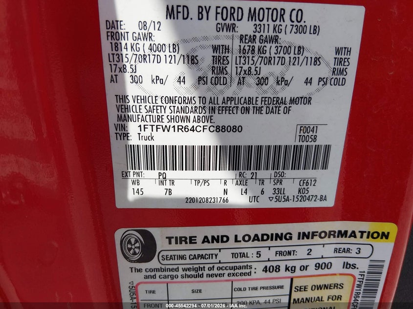 2012 Ford F-150 VIN 1FTFW1R64CFC88080 IAAI salvage auction — WATER/FLOOD, Salvage (Alabama), sold $3,400 on 2026-07-18 (photo 9)