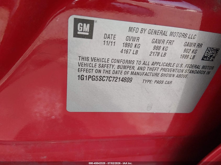 2012 Chevrolet Cruze VIN 1G1PG5SC7C7214809 IAAI salvage auction — SIDE, Salvage Title, sold $775 on 2026-07-31 (photo 9)