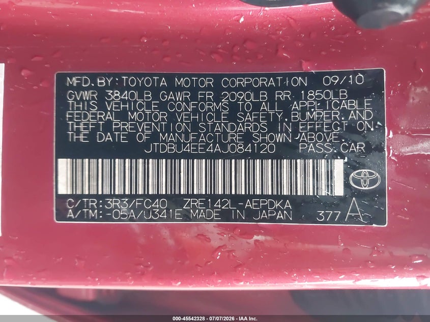 2010 Toyota Corolla VIN JTDBU4EE4AJ084120 IAAI salvage auction — REAR END, Clear (Massachusetts), sold $700 on 2026-07-24 (photo 9)