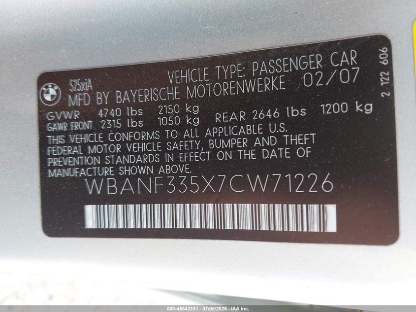 2007 BMW 5 series VIN WBANF335X7CW71226 IAAI salvage auction — NORMAL WEAR, Clear-Endorsement (Wisconsin), sold $175 on 2026-07-22 (photo 9)