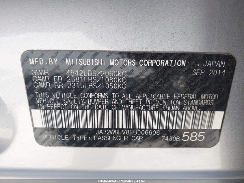 2015 Mitsubishi Lancer evolution VIN JA32W8FV8FU006606 IAAI salvage auction — FRONT & REAR, Salvage Title, sold $6,900 on 2026-07-30 (photo 9)