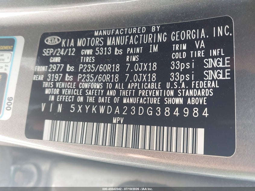 2013 Kia Sorento VIN 5XYKWDA23DG384984 IAAI salvage auction — NORMAL WEAR, Clear (New York), sold $1,550 on 2026-07-15 (photo 9)