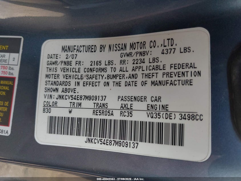 2007 Infiniti G VIN JNKCV54E87M909137 IAAI salvage auction — LEFT FRONT, Salvage Certificate (California), sold $1,050 on 2026-07-17 (photo 9)