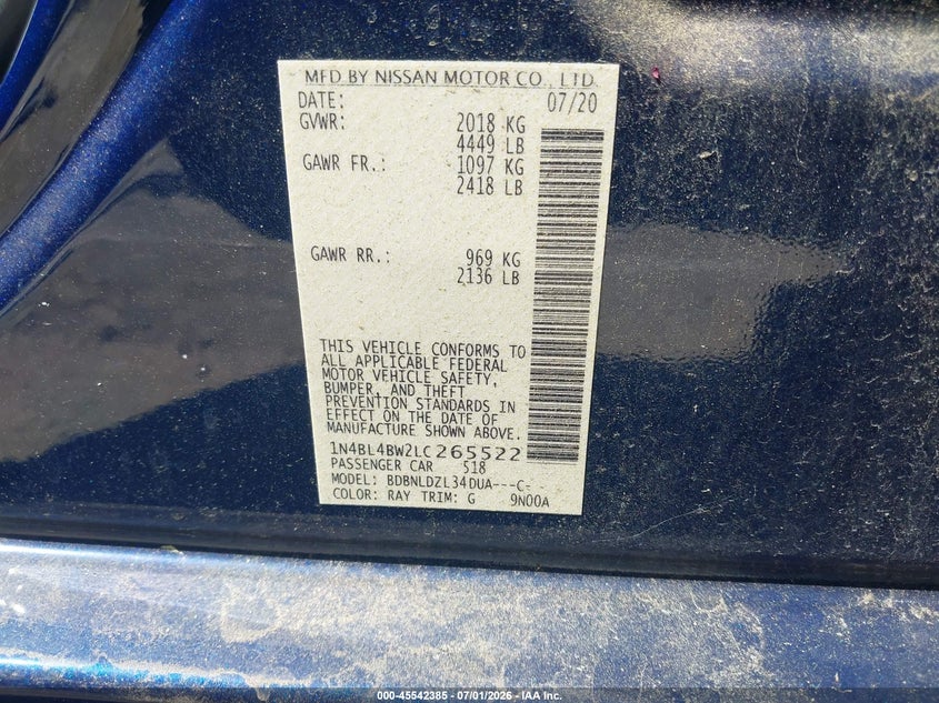 2020 Nissan Altima VIN 1N4BL4BW2LC265522 IAAI salvage auction — NORMAL WEAR, SF97 (New Hampshire), sold $25 on 2026-07-23 (photo 9)