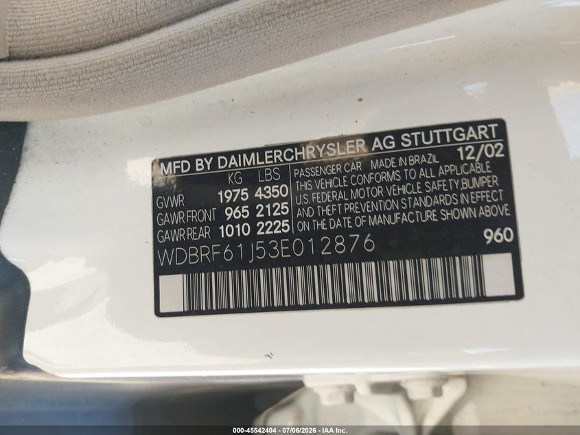 2003 Mercedes-benz C class VIN WDBRF61J53E012876 IAAI salvage auction — UNKNOWN, Clear - Dealer Only (California), sold $400 on 2026-07-29 (photo 9)
