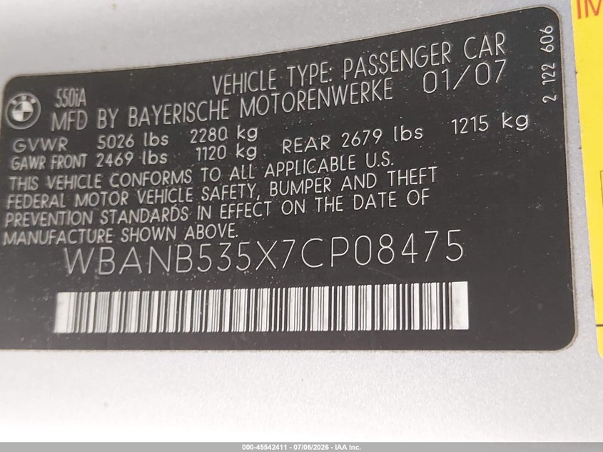 2007 BMW 5 series VIN WBANB535X7CP08475 IAAI salvage auction — RIGHT FRONT, Bill Of Sale (Washington), sold $400 on 2026-07-22 (photo 9)