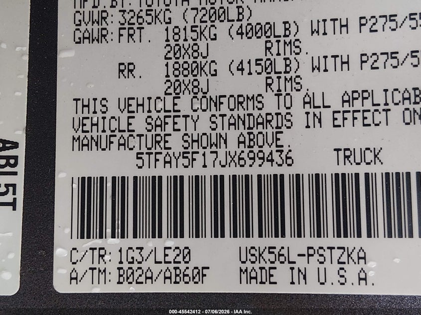 2018 Toyota Tundra VIN 5TFAY5F17JX699436 IAAI salvage auction — EXTERIOR BURN, Salvage (Massachusetts), sold $13,600 on 2026-07-28 (photo 9)