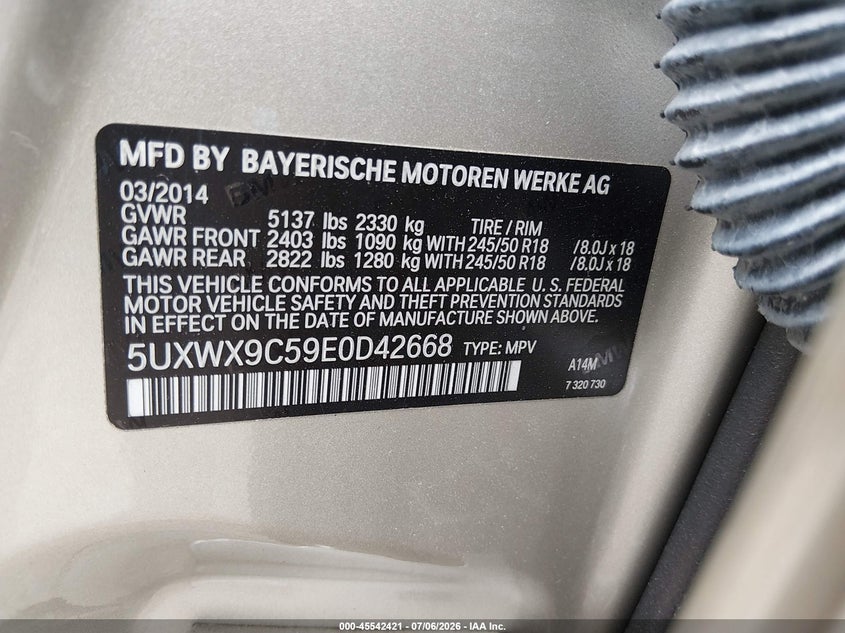 2014 BMW X3 VIN 5UXWX9C59E0D42668 IAAI salvage auction — FRONT END, Clear (Massachusetts), sold $2,400 on 2026-07-17 (photo 9)