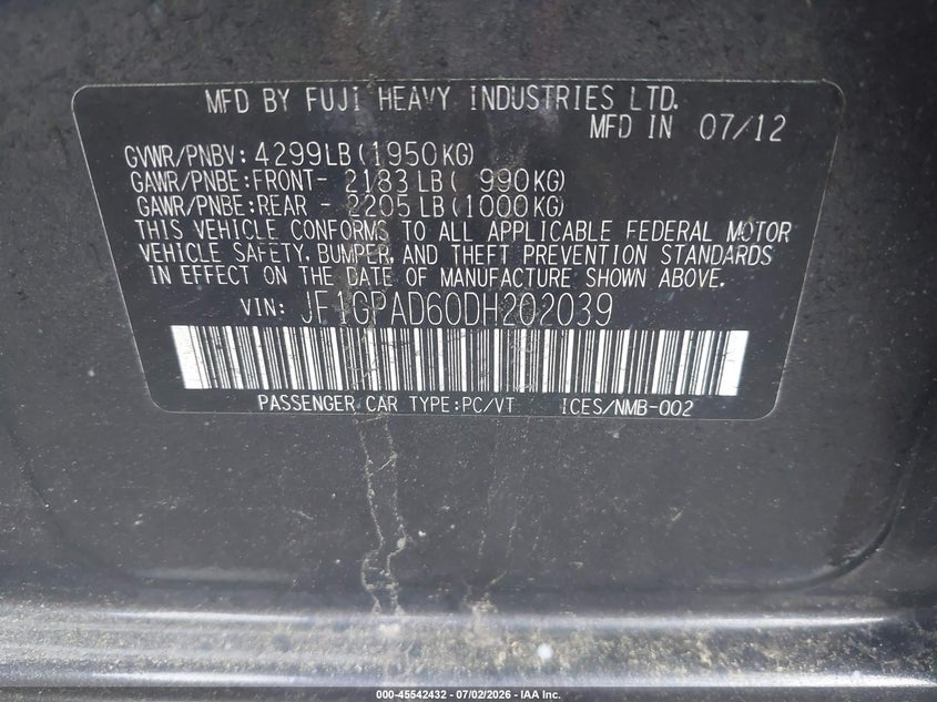 2013 Subaru Impreza VIN JF1GPAD60DH202039 IAAI salvage auction — NORMAL WEAR, Clear (New York), sold $675 on 2026-07-21 (photo 9)