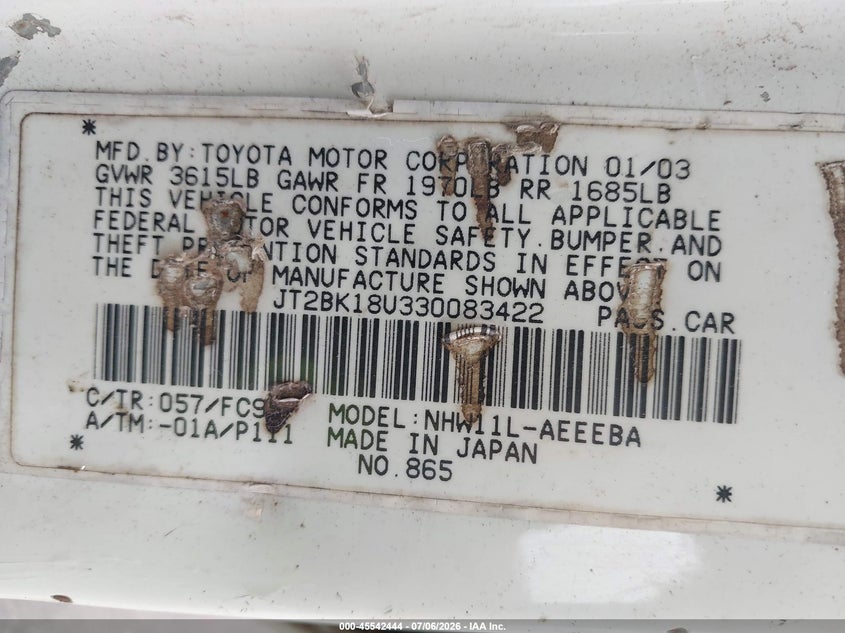 2003 Toyota Prius VIN JT2BK18U330083422 IAAI salvage auction — LEFT & RIGHT, Clear (Maryland), sold $275 on 2026-07-30 (photo 9)