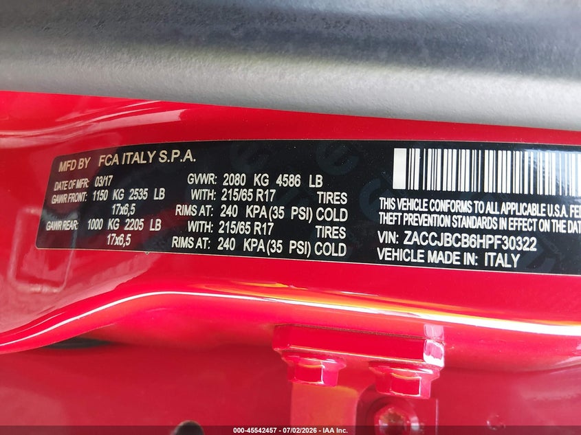 2017 Jeep Renegade VIN ZACCJBCB6HPF30322 IAAI salvage auction — REAR END, Salvage Title, sold $1,400 on 2026-08-13 (photo 9)