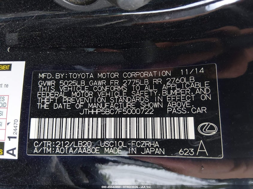 2015 Lexus Rc-f VIN JTHHP5BC7F5000722 IAAI salvage auction — FRONT & REAR, Clear (Tennessee), sold $3,850 on 2026-07-30 (photo 9)